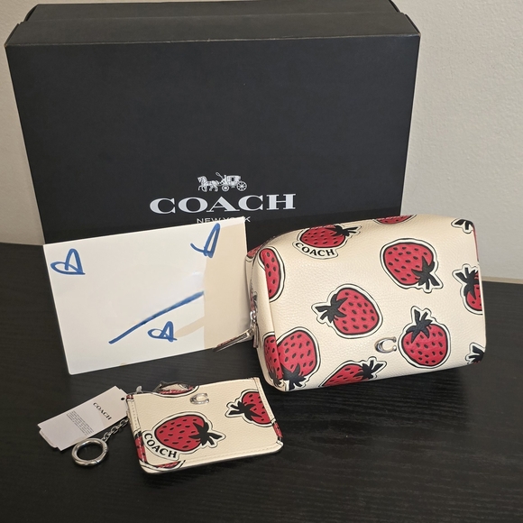 Coach Strawberry Print Cosmetic Bag and Essential Card Case - Picture 1 of 5